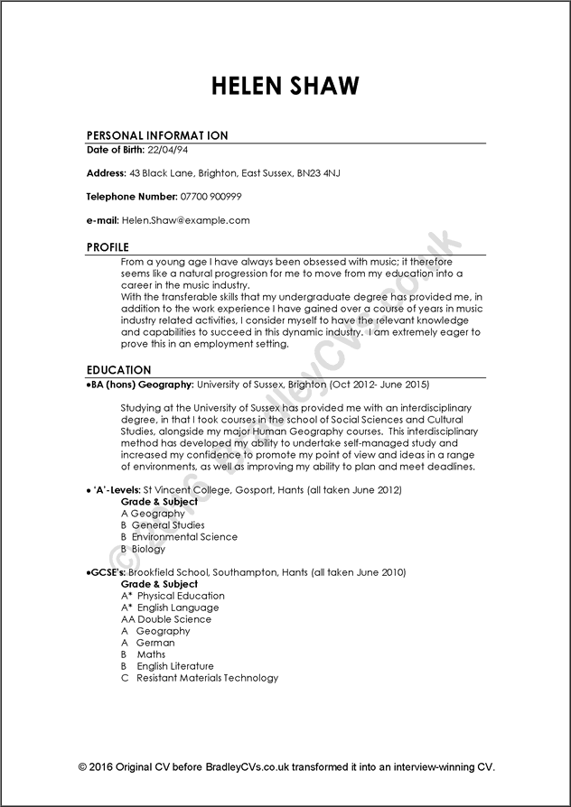 Graduate Cv Examples Templates